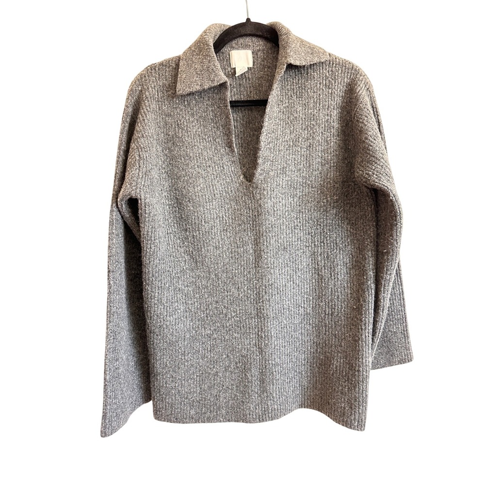 H&M Womens Ribbed Knit Polo Sweater Grey V-Neck Wool Blend Small 1242137-0